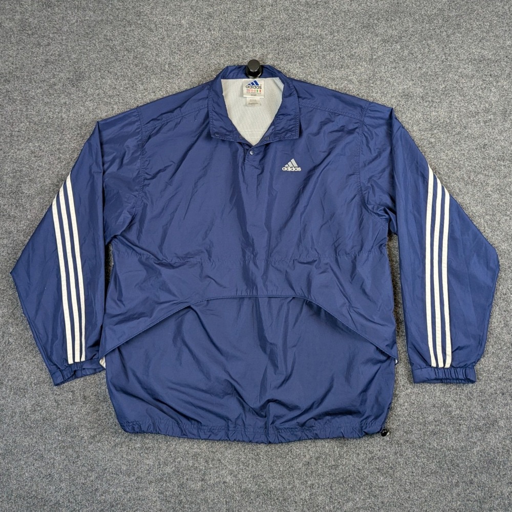 VTG Adidas Mens XL Navy Blue Three Stripe Mesh Lined Windbreaker Jacket Collar
